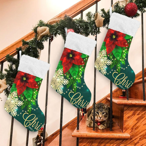 Julklapp, Personliga Julklappsstrumpor 2-pack Julstjärna Snöflinga Blomma Grön 18 tum Julstrumpor Hängande Ornament Ka