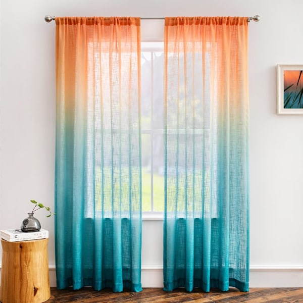 Linne-texturerade Ombre Gardiner - 134,32cm x 213,36cm Halvtransparenta Paneler (Set om 2) - Solnedgångsgradient i Orange/Grön/Blågrön/Mint