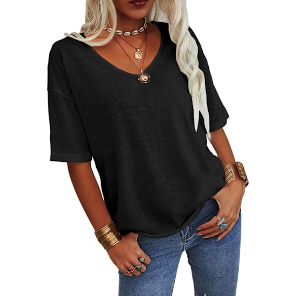 Damtoppar Sommar Mode V-hals Halv ärm Överdimensionerade T-shirts Armbågslängd