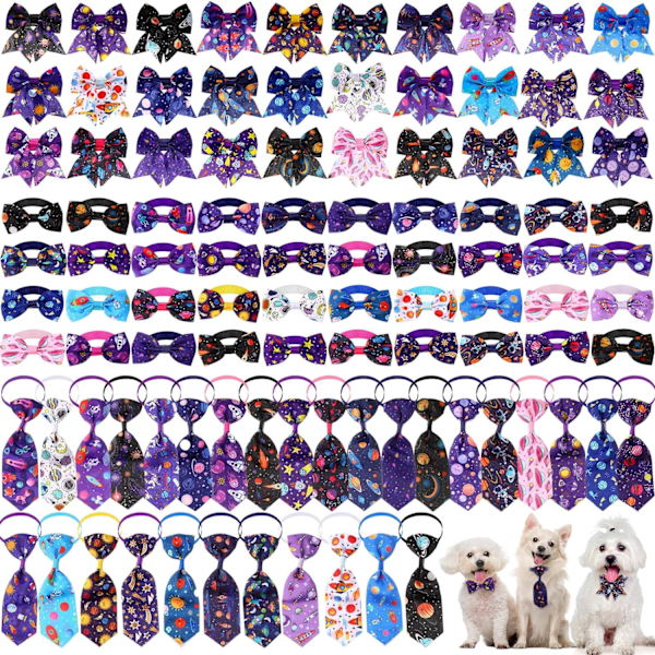 100 Pieces Dog Bow Tie Collar Set Include 30 Pcs Dog Neckties, 30 Pcs Collar Flowers and 40 Pcs Dog Bow Ties, Adjustable Dog Bows for Small