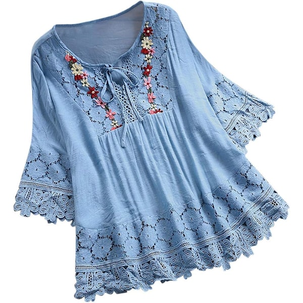 Kvinners blonder patchwork bluser plus size t-skjorte v-hals 3/4 ermer topper løs