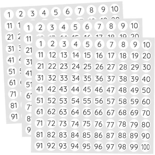 Selvklebende runde nummerlapper 1-100, 0,4, 25 ark - hvite nummerklistremerker