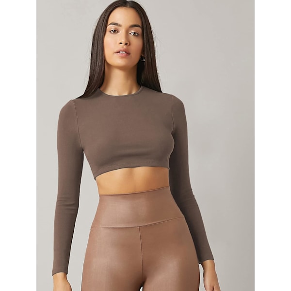Kvinde Basic Langærmet Rund Hals Fitted Crop Top Tee Shirt