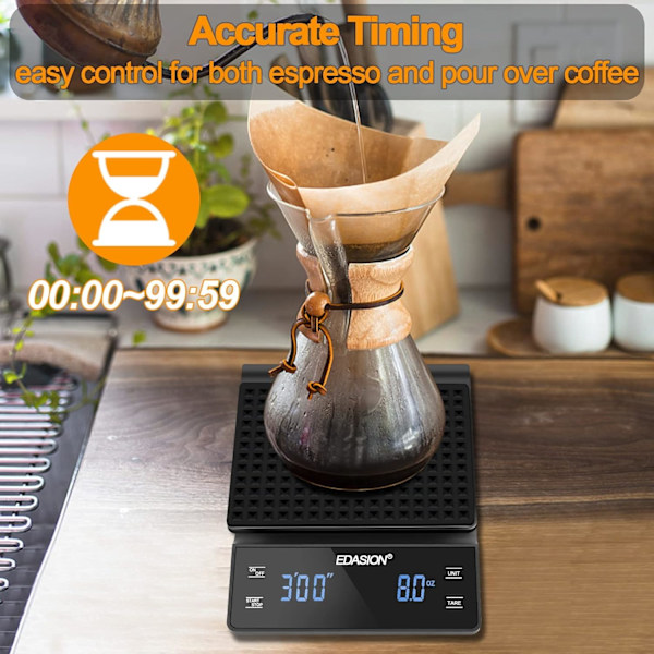Digital Kaffevåg - 0,1g/3kg Precision, Timer, Vattentät, Stor LED-display (Svart)