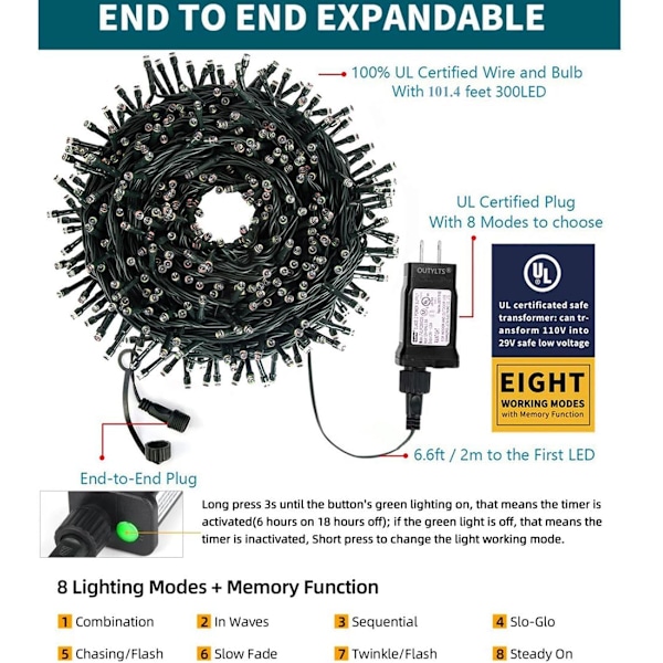 Julgransljus End-to-End Plug 8 lägen 108FT 300 LED IP55 Utomhus Vattentät UL Certifierad Inomhus Fe-ljus Trädgård Bröllop Jul