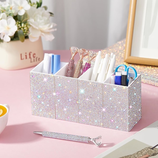 Bling n Holder ncil Holder Rhinestone Crystl Glitter Mkeup Brushes Orgnizer nd Storge Bin Bling Mrker Holder for Home Office Desk Tble White