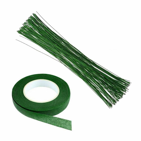 Floral Stem Wire, 50 Pcs Green Crafting Floral Stem with Flower Paper Tape (14 Inch 22 Gauge)