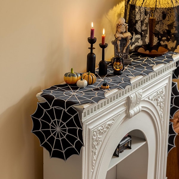 14 x 92 tum, Embroiere Spier Web bordslöpare, Svart spismantel sjal, Halloween bordsdekorationer för fester Gotisk läskiga nätter Bla Bla