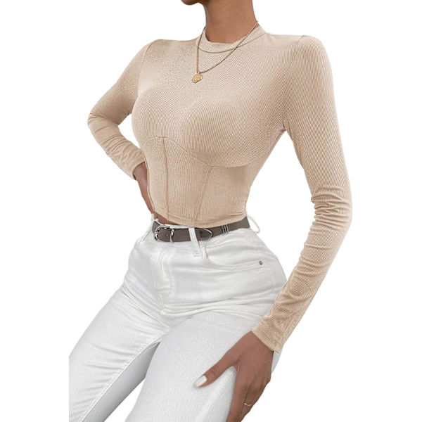 Kvindernes Mock Neck Langærmet Ribstrikket Slim Fittet Crop