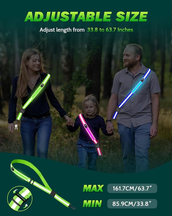 LED Refleksbelte - 5 Lysfarger & 3 Lysmoduser Høy Synlighet Natt Sikkerhetsbelte, Oppladbart Lysende Løpeutstyr Justerbar Vest