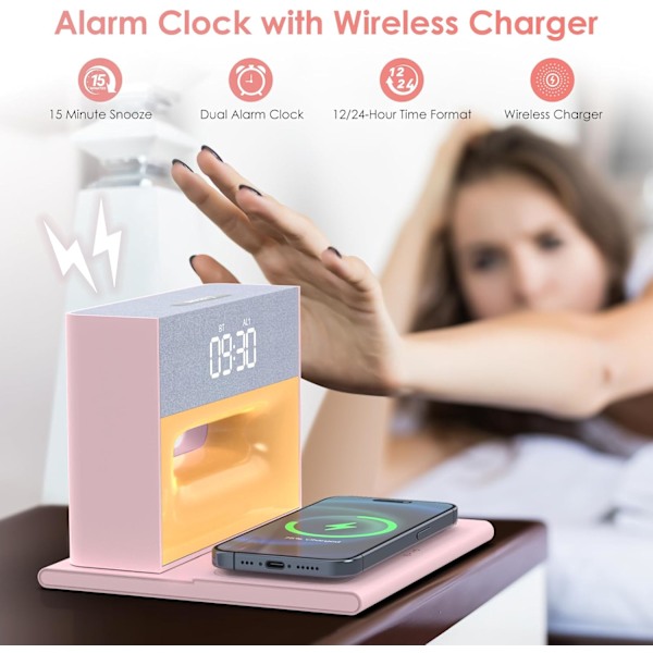 Til soveværelser, vækkeur Bluetooth-højttaler, vækkeur med trådløs opladning, 4 i 1 touch-senglampe, Bluetooth-vækkeur til tunge pink