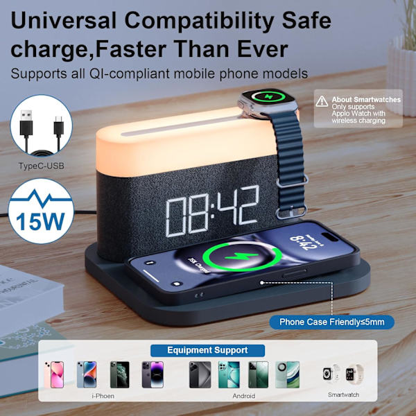 Vekkerklokke med multifunksjonell mobiltelefonklokke Trådløs lading 15W Maks Touch-senglampe, 3 farger nattlys, sovetimer for grå S26W