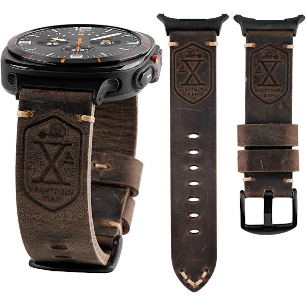 Crazy Horse Læderrem Kompatibel med 2024   Galaxy Watch 7 Ultra Rem 47mm, Vintage Robust Rem Armbånd til Mænd Kvinder Sort Medium Sort