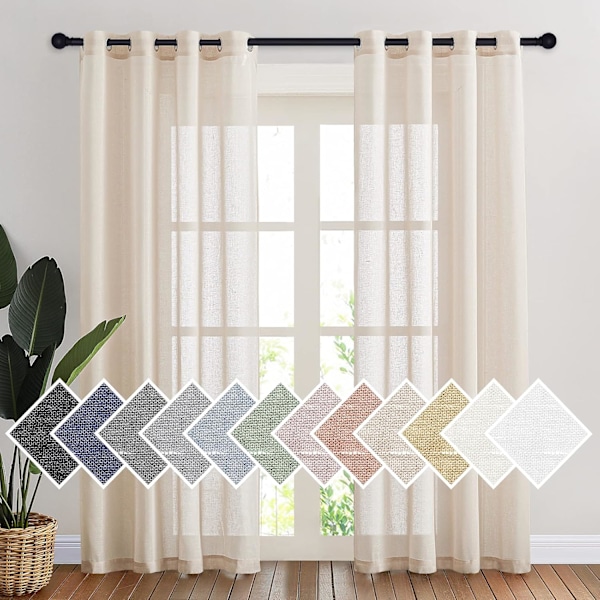 Elfenbensfärgade halvtransparenta linnegardiner - 213 cm längd (Set om 2) - 132 cm breda öljetter, ljusfiltrerande för vardagsrumsfönster