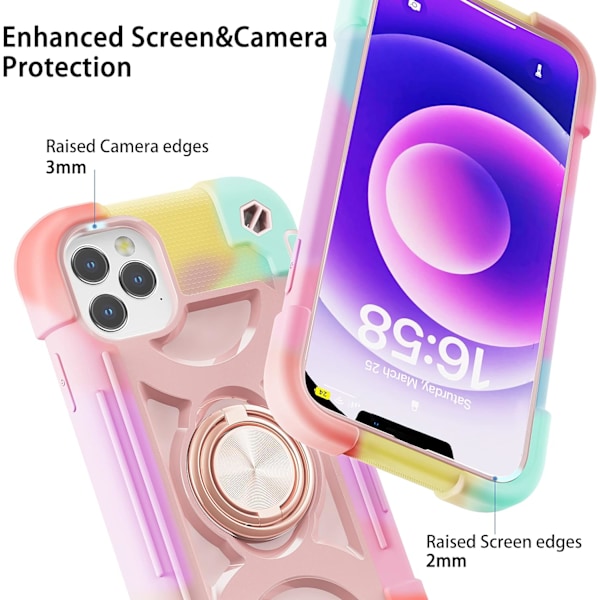 iPhone 12/12 Pro 6.1\" Cover: Robust Cover i Militærkvalitet, Ringholder, 2 Skærmbeskyttere i Glas, 2 Kameralinsebeskyttere (Rainbow Pink) Rainbow Pink
