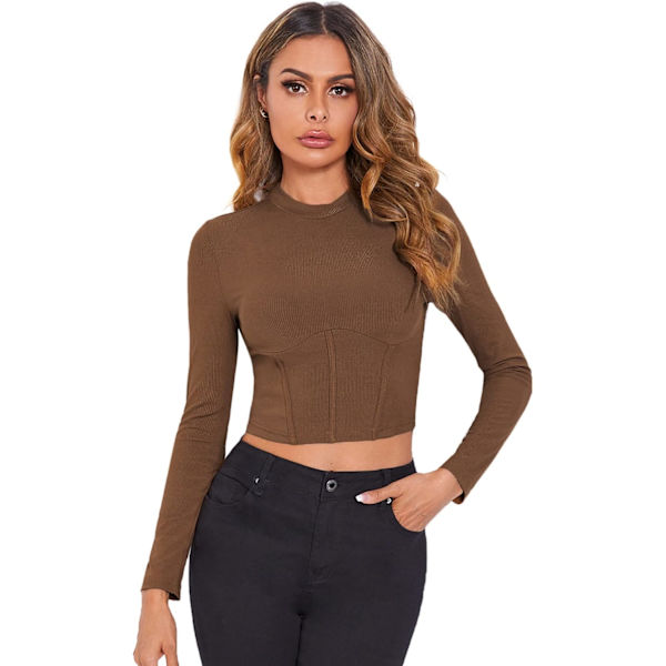 Kvinnors Mock Neck Långärmad Ribbstickad Slim Fitted Crop