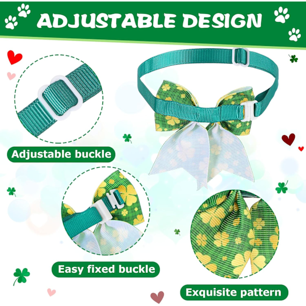 100 st Valentinsdag hundfluga slipsar St. Patrick's Day hundhalsband set, romantiska klövergröna husdjurshalsband och putsfluga med justerbar