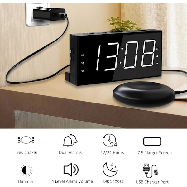 Superhög larmklocka med sängvibrator för tunga sovare och digital spegellarmklocka för sovrum, stor LED-display med 2 USB-laddare