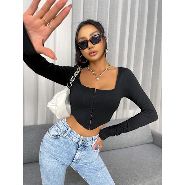 Kvinners langærmet Crop Top Tee Square Neck Basic T-shirt
