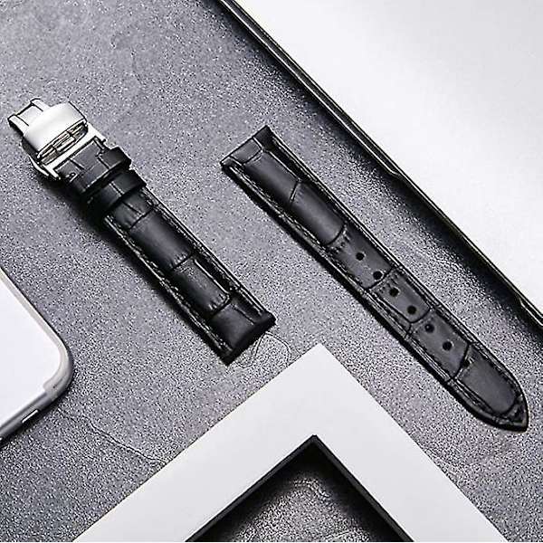 Läderklockarmband Ersättning Alligator Rem För Män Kvinnor Med Silver Butterfly Deployment Spänne Black 16mm