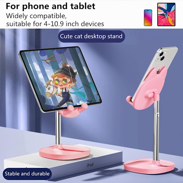 Søt Katte Telefonholder, Kattehode Mobiltelefonholder for Skrivebord, Vinkel- og Høydejusterbar Kompatibel med Alle Smarttelefoner, iPhone, Samsung, Nettbrett, iPad - Katte Rosa