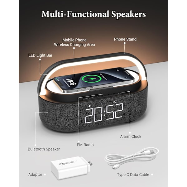 【2024 Nyaste】Väckarklockradio med Bluetooth-högtalare, stereoljud dubbla trådlösa högtalare med trådlös laddare, 2500mAh Baery dimbar klocka
