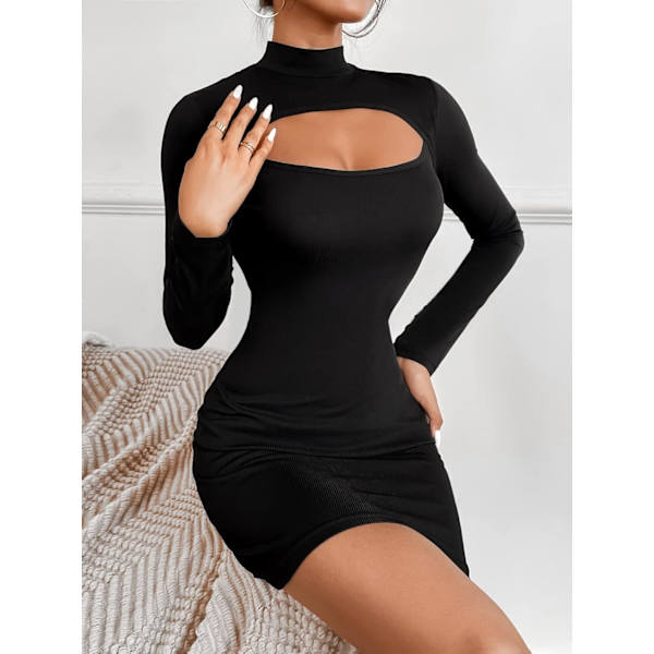Utskåret Mock Neck Kort Kjole - Lang Ermet Sexy Pencil Bodycon