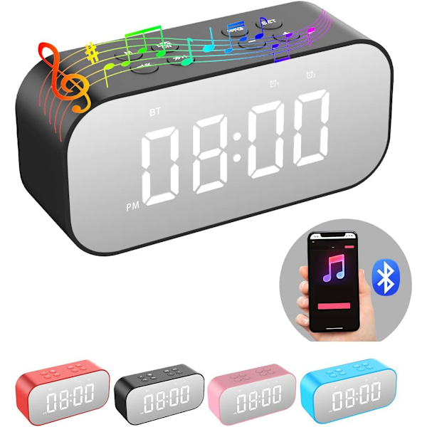 Väckarklocka för sovrum/kontor, digital klocka med Bluetooth-högtalare, liten väckarklocka för tunga sovare vuxna/tonåringar med dubbla alarm, spegel LED
