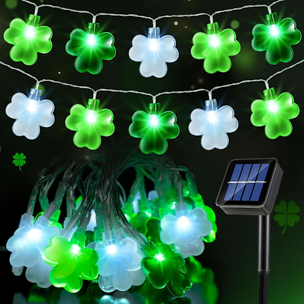 St Patricks Day Decorations Lights, 50 LED 16.4 Ft Solar Shamrock Lights with 8 Modes, Timer, Waterproof Green Lights for Outdoor St Patrick's 17