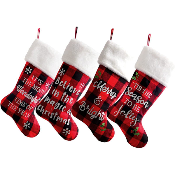4 stk. 20 tommer Buffalo Plaid jule strømpe med super blød plys manchet