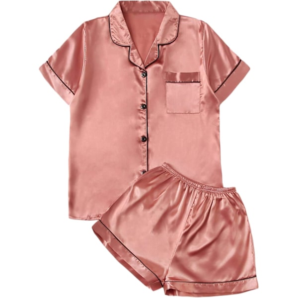 Dam 2-delad satin nattkläder knapp fram nattkläder kortärmad pyjamas set