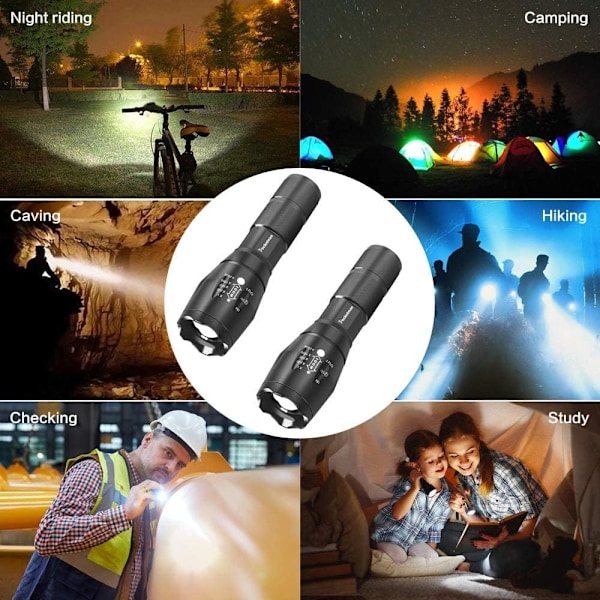 Taktisk LED Ficklampa 2-pack - Zoombar Fokus & 5 Lägen | IP65 Vattentålig för Inomhus/Utomhus