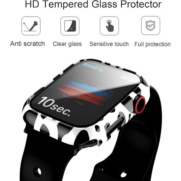 Yhteensopiva Apple Watch -kotelon 45 mm Series 9 / Series 8 / Series 7 45 mm kanssa, lehmänkuvioinen kotelo karkaistulla lasisella näytönsuojalla, kuplaton kova kotelo