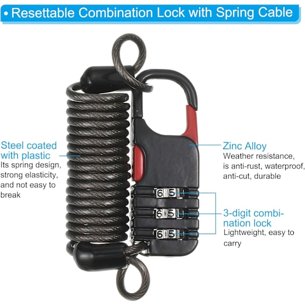 3-cifret kombinationslås med fjederkabel, 3 stk. hjelmlås 3,3 fod fleksibel sikkerhedsståltrådslås til cykellås rejsebagage, sort