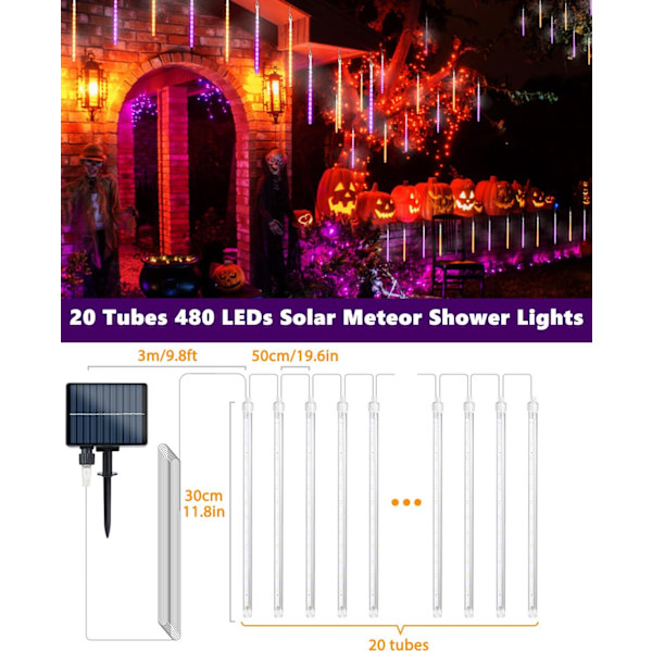 Solardrevne Halloween-lys 20 rør 480 LED-meteorskur Icicle-lys regndråpelykter med timerfunksjon fallende regnlys for feriefest