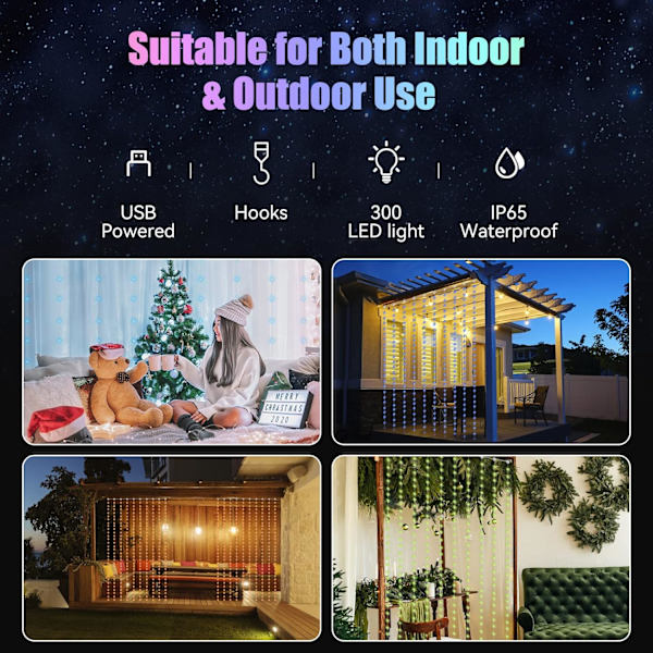 Fönstergardin ljusslingor, 300 LED RGB färgskiftande koppar ljusslingor