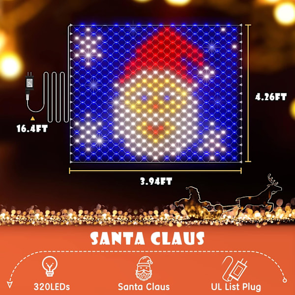 Julelys Santa Claus dekorasjoner utendørs 320LED 4,26FT x 3,94FT vanntette LED-nettlys for hage veranda balkongdekor Santa Claus