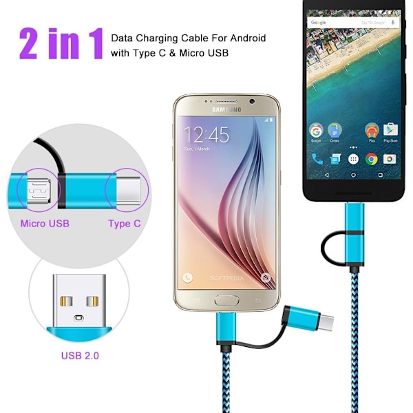 USB Type C-kabel 5-pak 6 fot USB C 2-i-1-kabel [Micro USB og Type C]
