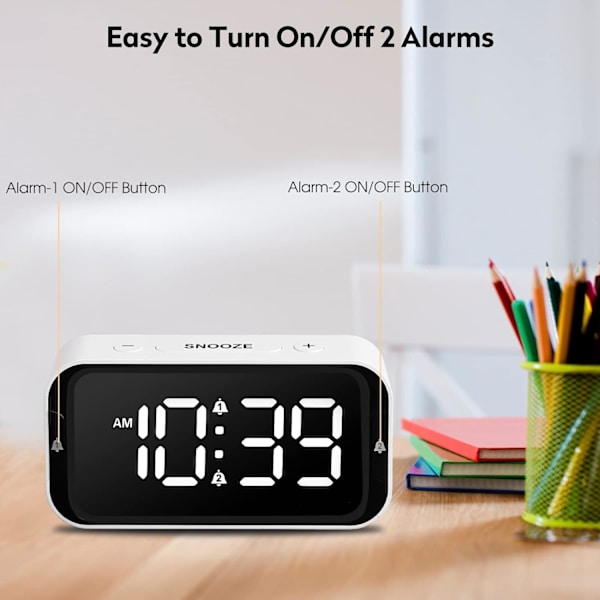 LED Digital Väggklocka för Sovrum Dubbel med Snooze för Tung Sovande Vuxna Barn med USB-port för Laddning 10~100dB Justerbar Volym Vit