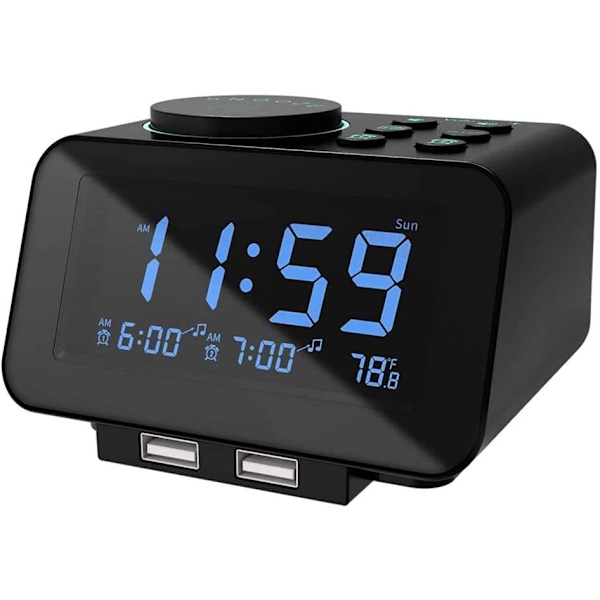 Digital väckarklocka radio-000% dimmer, dubbelalarm i veckodags-/helgläge, 6-tons justerbar volym, FM-radio med sömntimer, snooze, 2 USB