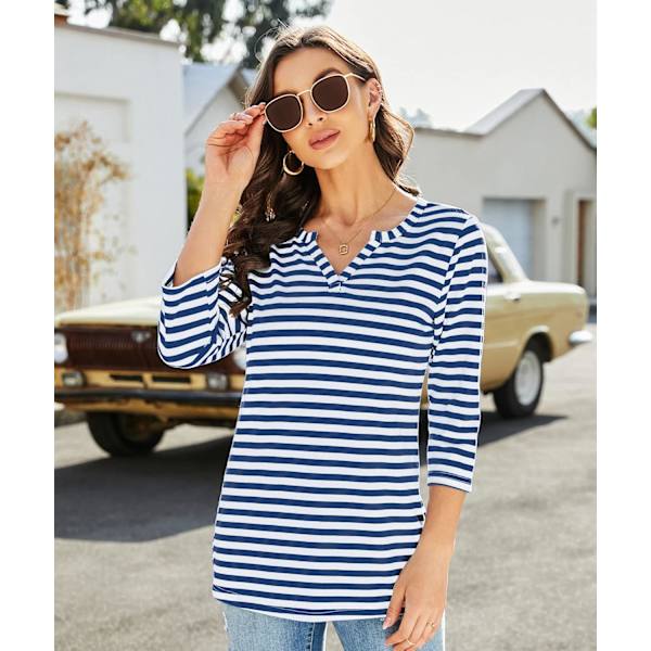 Dammjuk V-ringad 3/4 ärm tunika topp randig Henley blusar