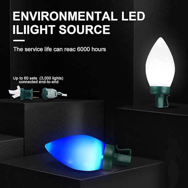 C9 Julbelysning Utomhus 50 LED Blå + Vit Jordgubbe Vattentät Isljussträng Julgran Inomhus Dekoration Plug in 34,5 Fot Används för