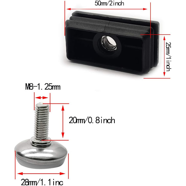10 sæt 25 x 50 mm rektangulært skrivebord justerbar nivelleringsfod, 20 mm / 0,79 tommer gevindlængde, møbelglide justerbar nivellering til strandstol skrivebord