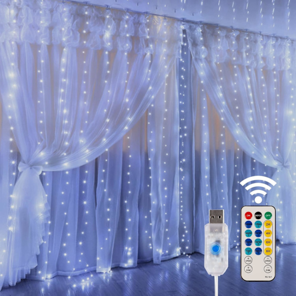 Fönstergardin ljusslinga, 300 LED 8 belysningslägen Fe-ljus med