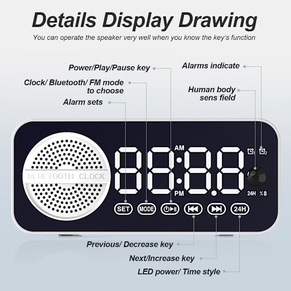 Digital LED-väckarklocka med trådlös högtalare, dubbla  för sovrum/tunga sovare/vuxna/tonåringar, Bluetooth-högtalare stödjer TF-kortuppspelning FM-radio