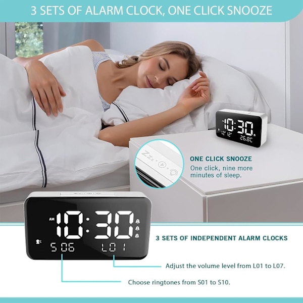 Digital Timer Alarmklocka, Stor Visuell Köksnedräkningstimer, Snooze Vibrations- och Hög Musiklarm, Sovrum Kalender Temperaturdisplay, Vit