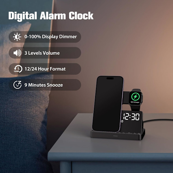 Alarmklokke Telefonlader, 000% Display Dimmer, Justerbart Volum, Vekkerklokke med Trådløs Ladestasjon for iPhone/Apple Watch (Watch Black