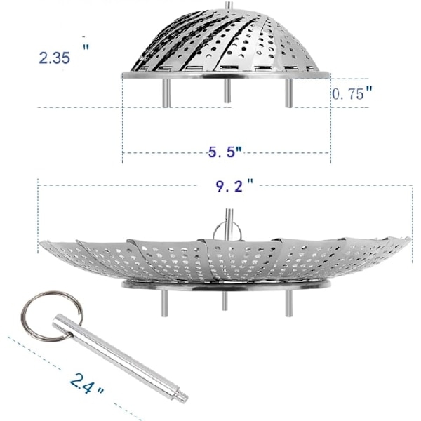 Premium grøntsagsdamperkurv i rustfrit stål - Udvidelig foldbar damper til forskellige størrelser gryder (13,7 cm til 23,4 cm)