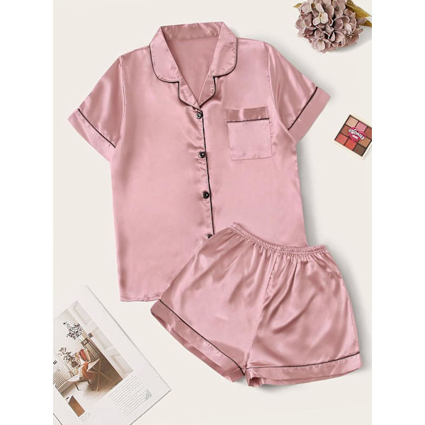 Dam satin pyjamas med knappar framtill, kortärmad 2-delad pyjamas
