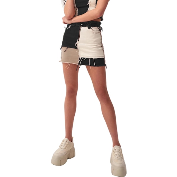 Womens Fashion Mid-Rise Color Blocking Patchwork Ripped Stretch Denim